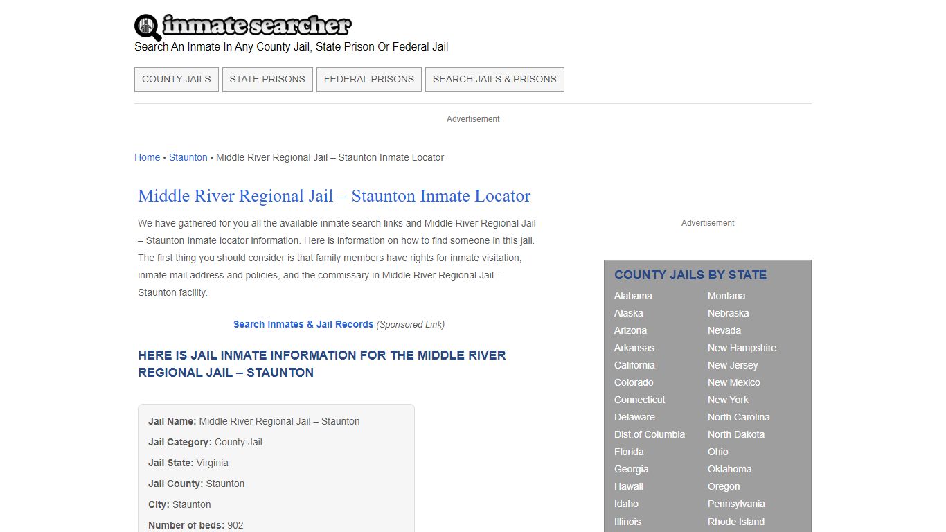 Middle River Regional Jail - Staunton Inmate Locator - Inmate Searcher